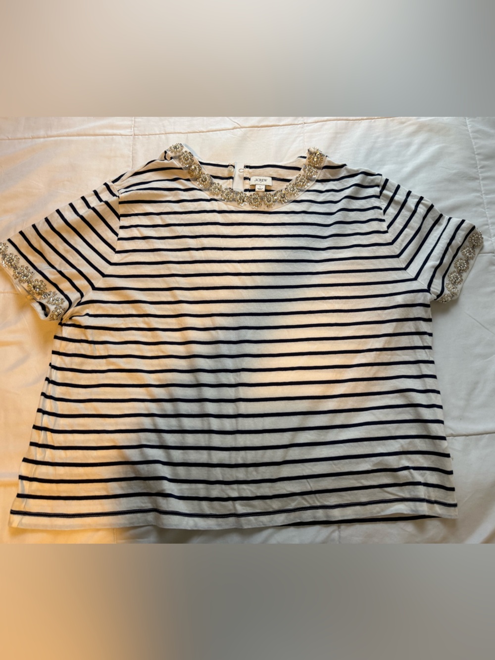 J Crew off white and navy stripe cotton short sleeve tee with embellished